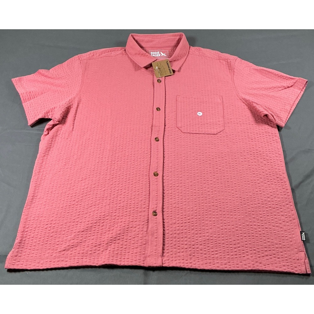 Eddie Bauer Mens Alderpine Seersucker Short Sleeve Shirt Desert Pink XL 3126